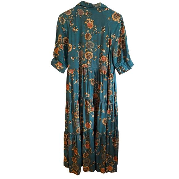 NATURAL LIFE Rebecca Green Floral Tiered Midi Dress Teal Orange Clusters Medium - Picture 3 of 9